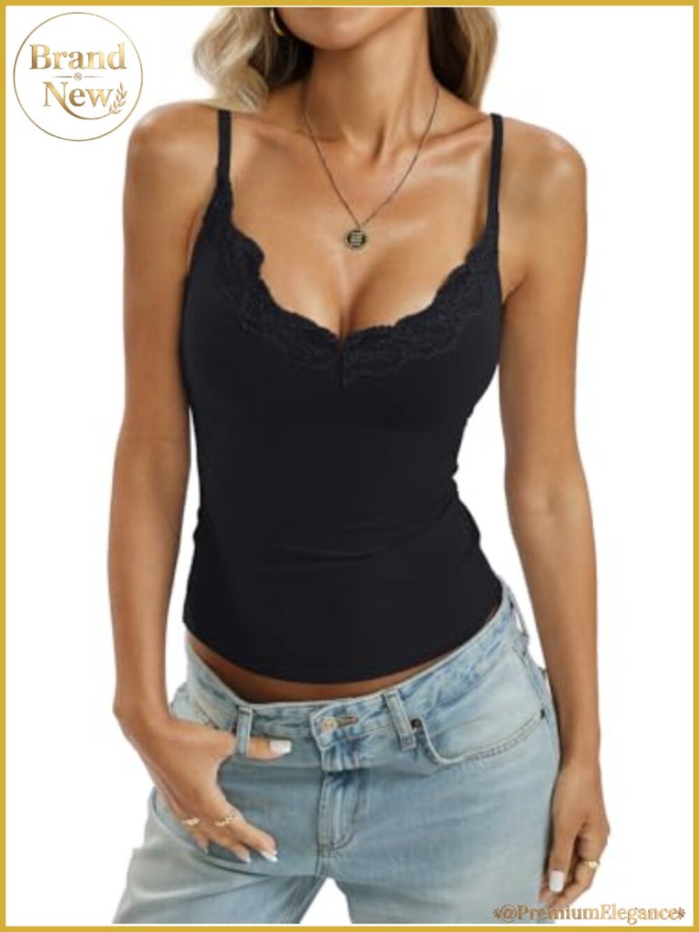 Lace Trim V-Neck Tank Top Cotton Cami Adjustable Straps